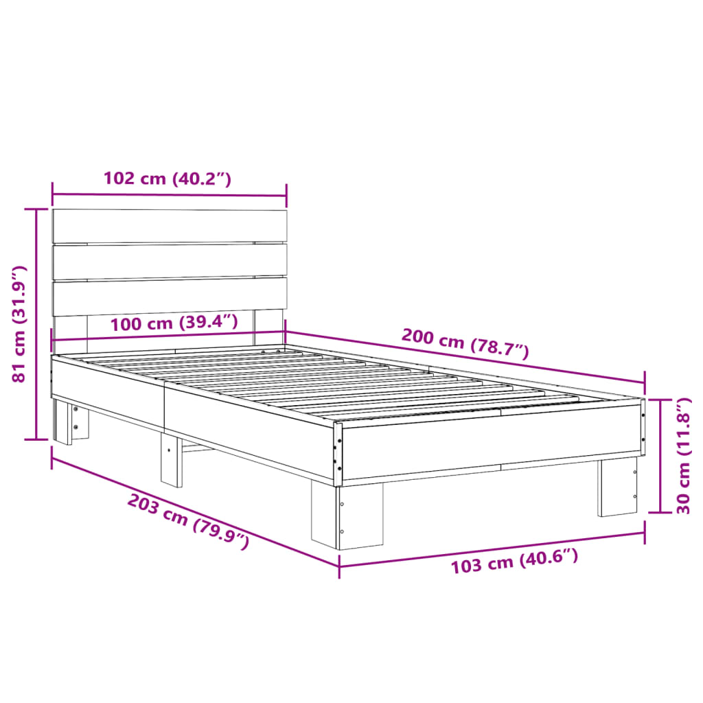 vidaXL Posteljni okvir rjav hrast 100x200 cm inženirski les in kovina