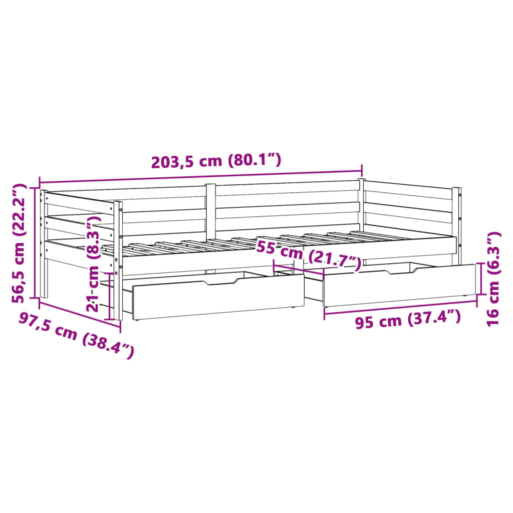 vidaXL Dnevna postelja s predali bela 90x200 cm trdna borovina