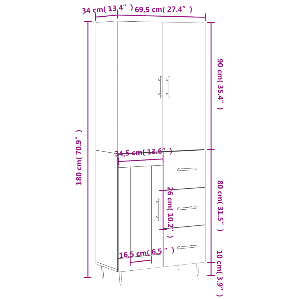 vidaXL Visoka komoda siva sonoma 69,5x34x180 cm inženirski les