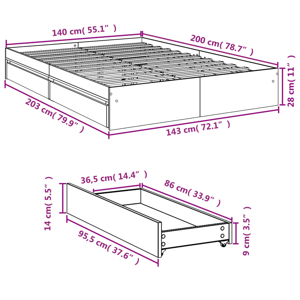 vidaXL Posteljni okvir s predali dimljen hrast 140x200 cm inž. les