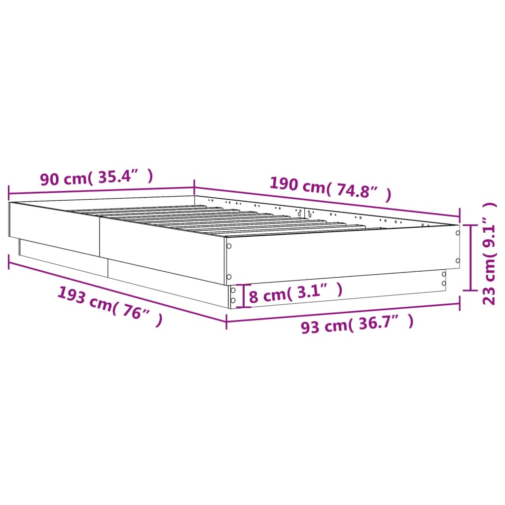 vidaXL Posteljni okvir z LED lučkami betonsko siv 90x190 cm