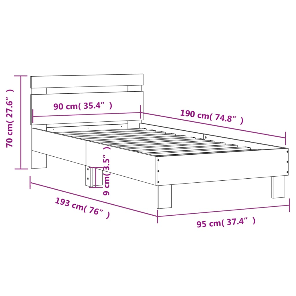 vidaXL Posteljni okvir z vzglavjem in LED lučkami črna 90x190 cm