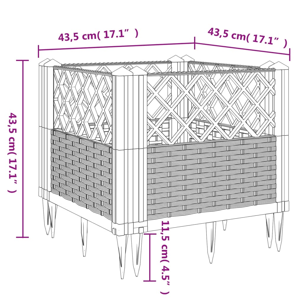 vidaXL Cvetlično korito z zatiči rjavo 43,5x43,5x43,5 cm PP