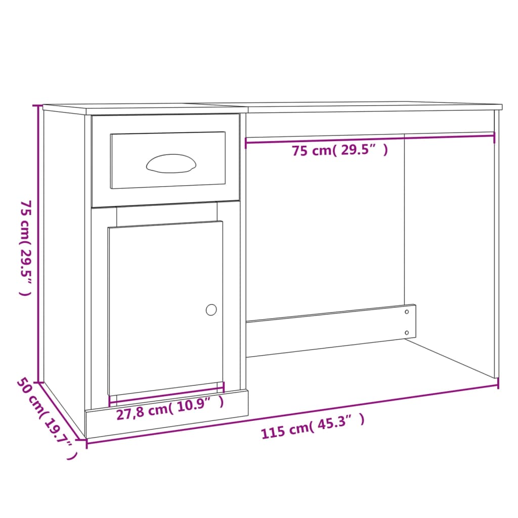 vidaXL Pisalna miza s predalom visok sijaj bela 115x50x75 cm inž. les