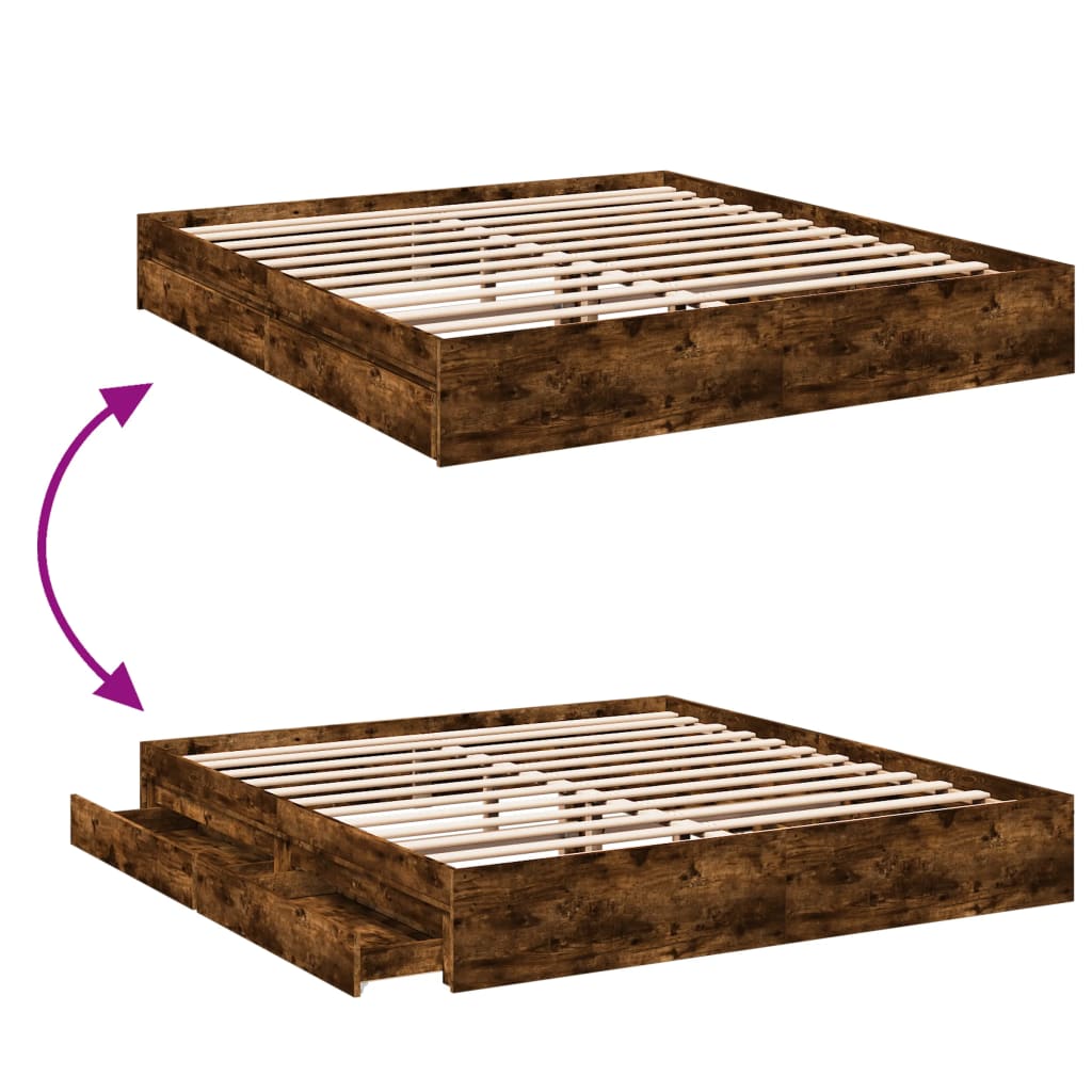 vidaXL Posteljni okvir s predali dimljen hrast 200x200 cm inž. les