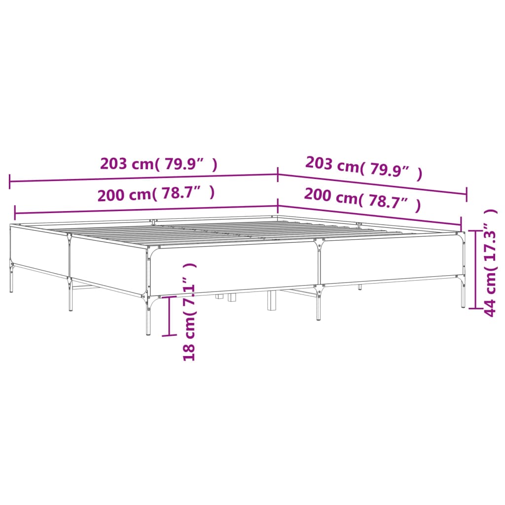 vidaXL Posteljni okvir dimljeni hrast 200x200 cm inž. les in kovina