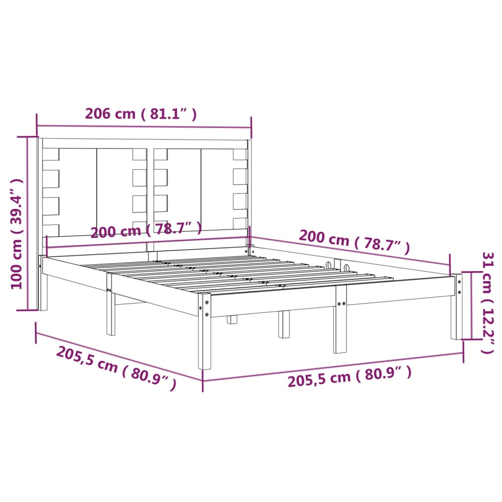 vidaXL Posteljni okvir črn iz trdne borovine 200x200 cm