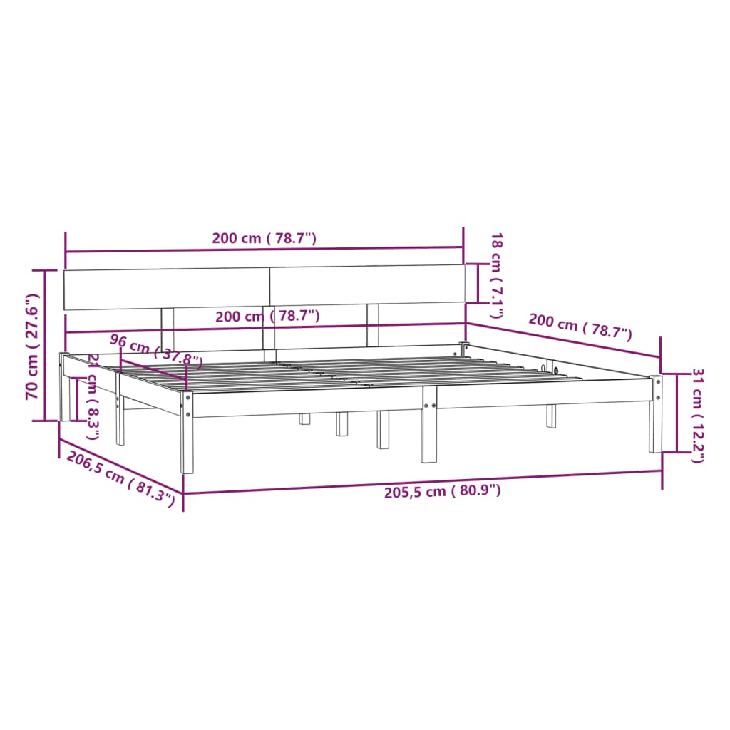 vidaXL Posteljni okvir iz trdne borovine 200x200 cm