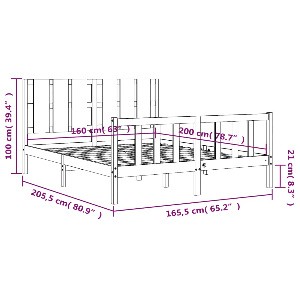 vidaXL Posteljni okvir z vzglavjem 160x200 cm trden les