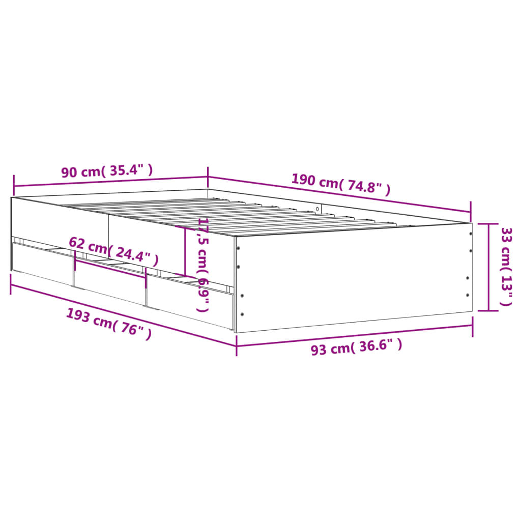 vidaXL Posteljni okvir s predali siva sonoma 90x190 cm inženirski les