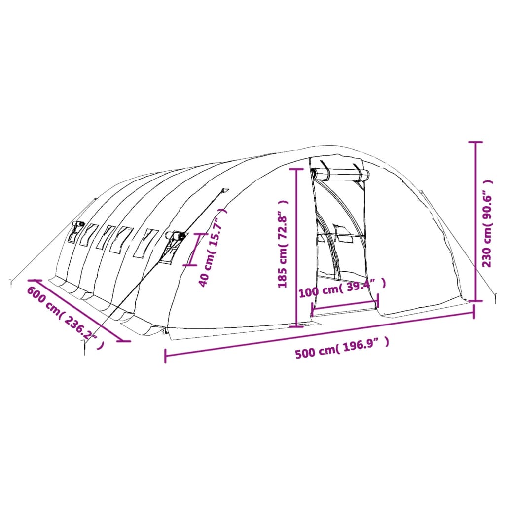 vidaXL Rastlinjak z jeklenim ogrodjem zelen 30 m² 6x5x2,3 m