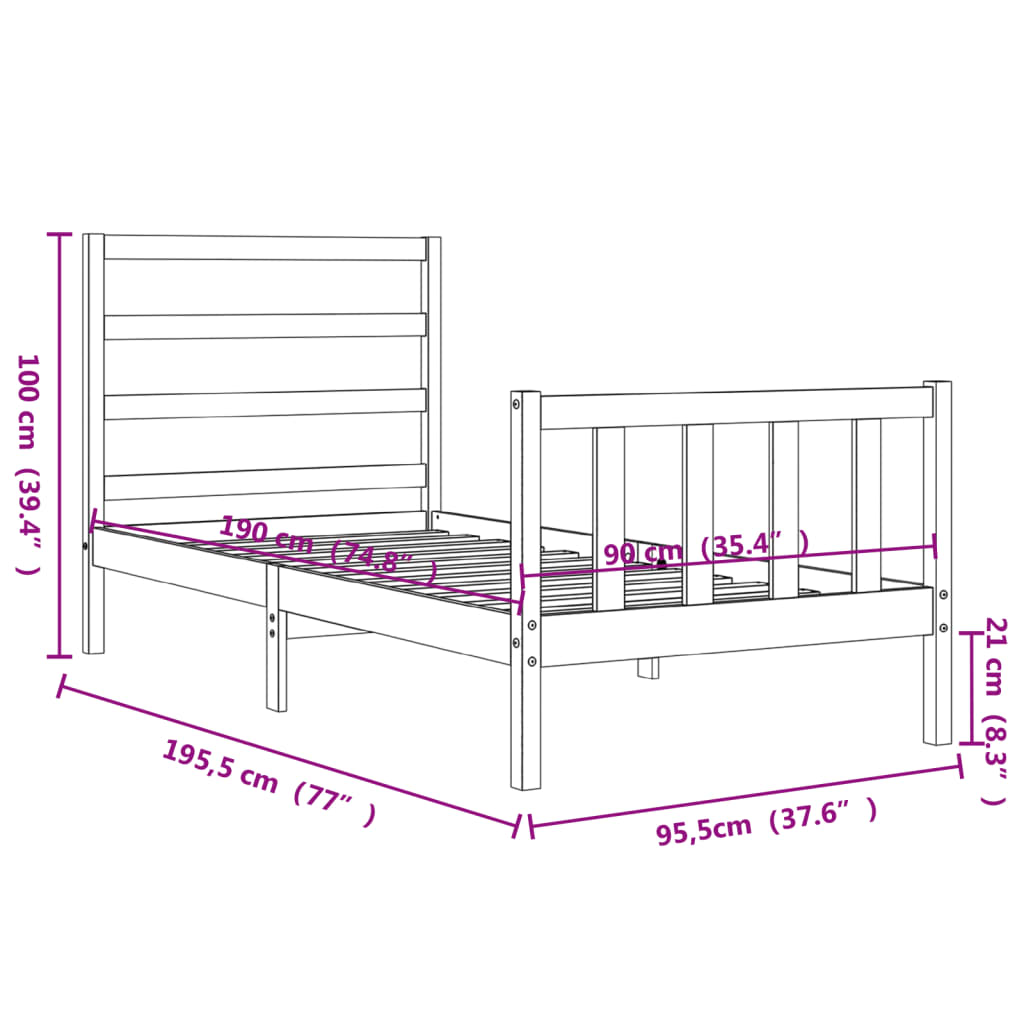 vidaXL Posteljni okvir z vzglavjem 90x190 cm trden les