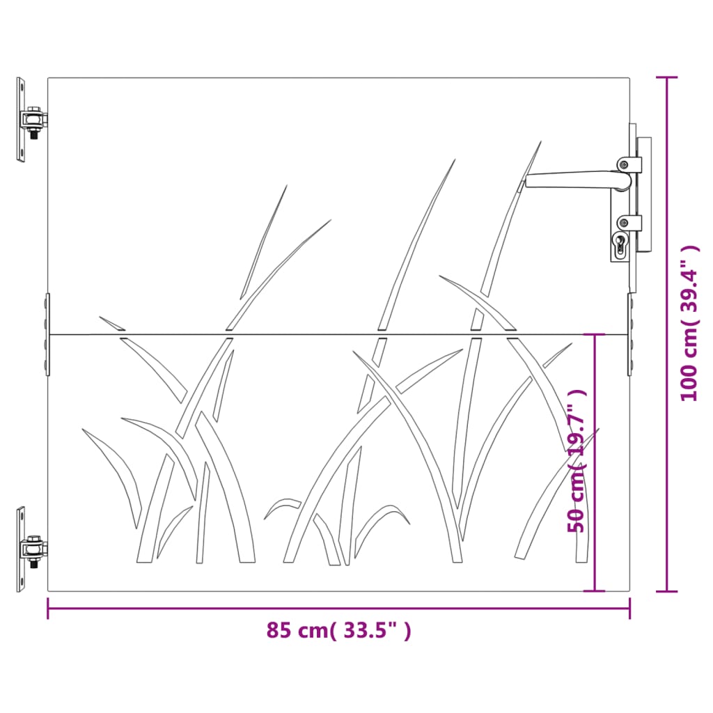 vidaXL Vrtna vrata 85x100 cm corten jeklo dizajn trave