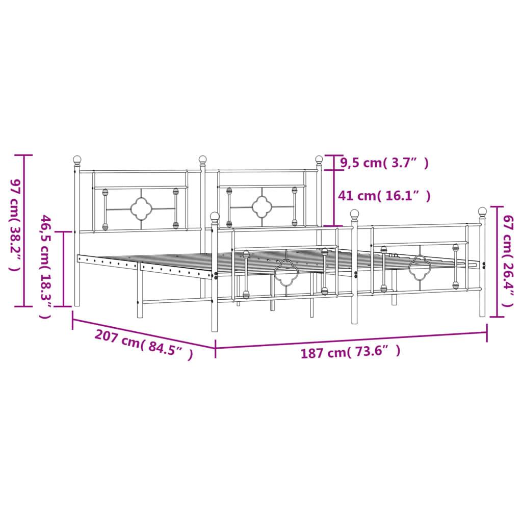 vidaXL Kovinski posteljni okvir z vzglavjem in vznožjem bel 180x200 cm