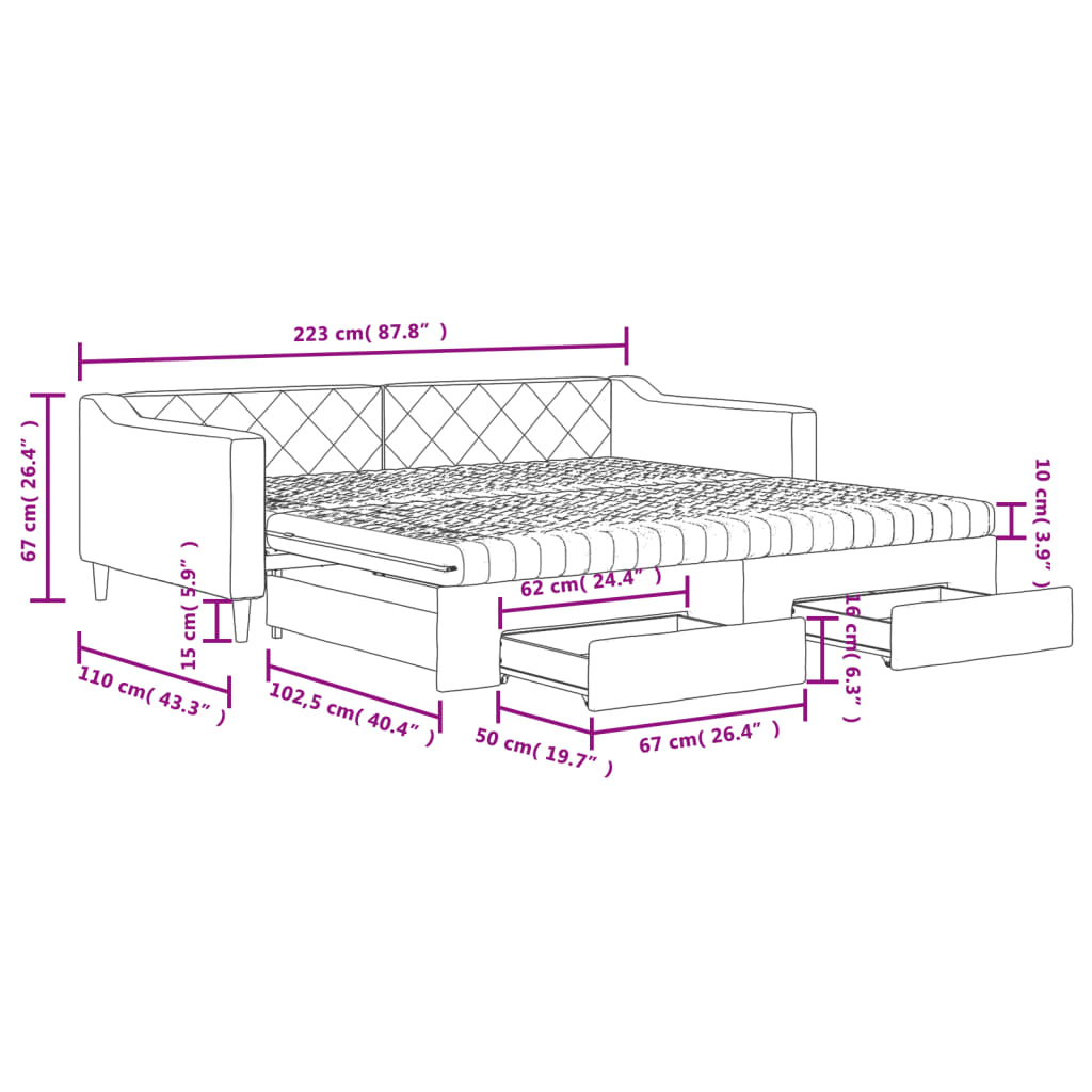 vidaXL Izvlečna dnevna postelja s predali krem 100x200 cm blago