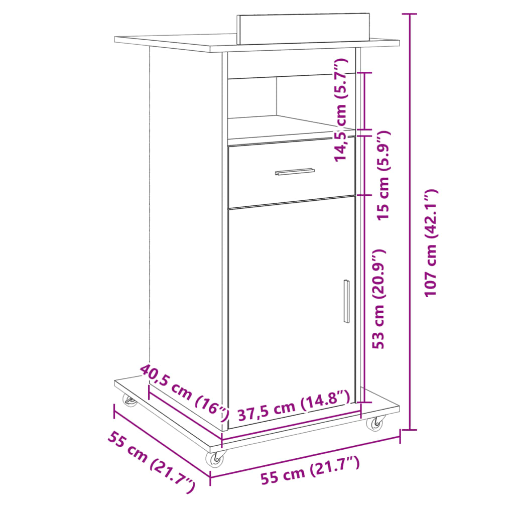 vidaXL Lektorat s kolesi in predalom bel 55x55x107 cm inženirski les