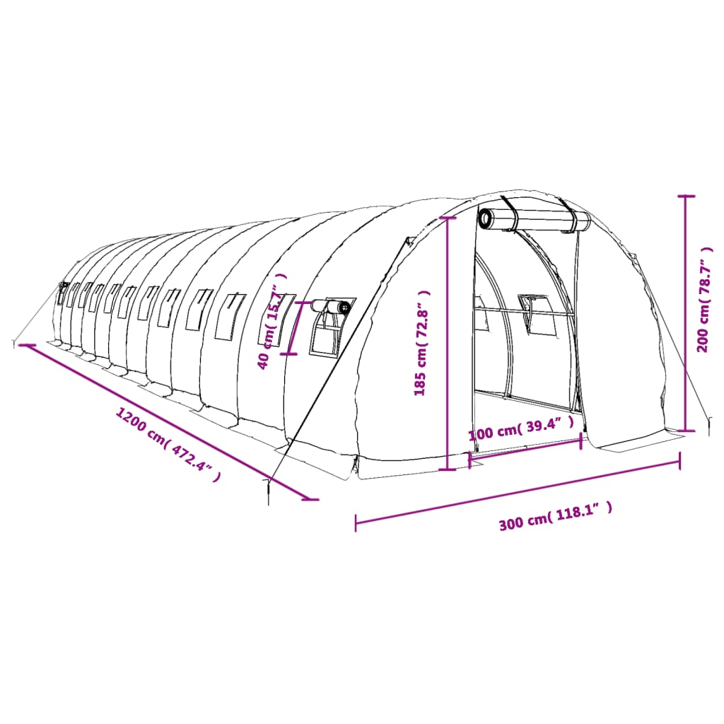 vidaXL Rastlinjak z jeklenim okvirjem bel 36 m² 12x3x2 m