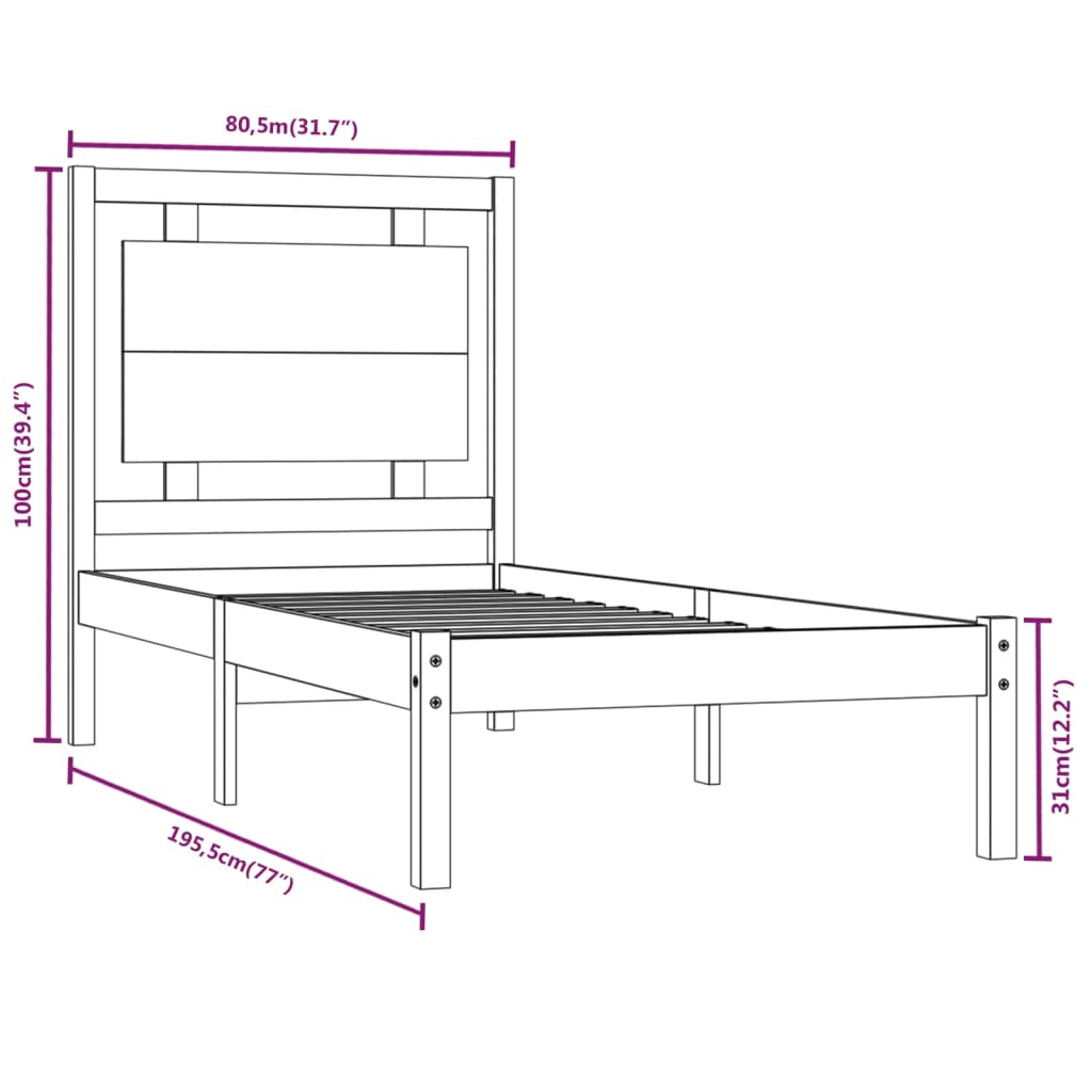 vidaXL Posteljni okvir medeno rjav iz trdnega lesa 75x190 cm