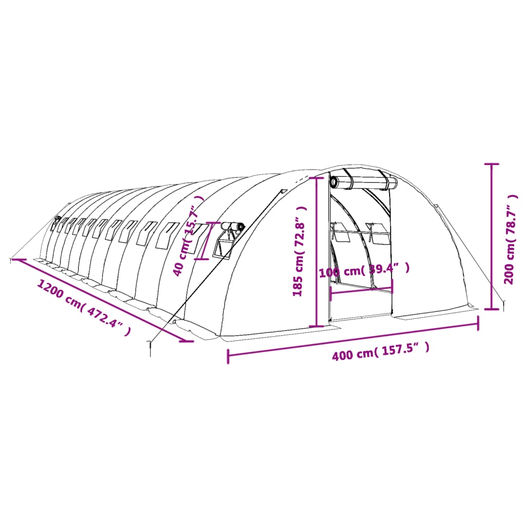 vidaXL Rastlinjak z jeklenim ogrodjem zelen 48 m² 12x4x2 m