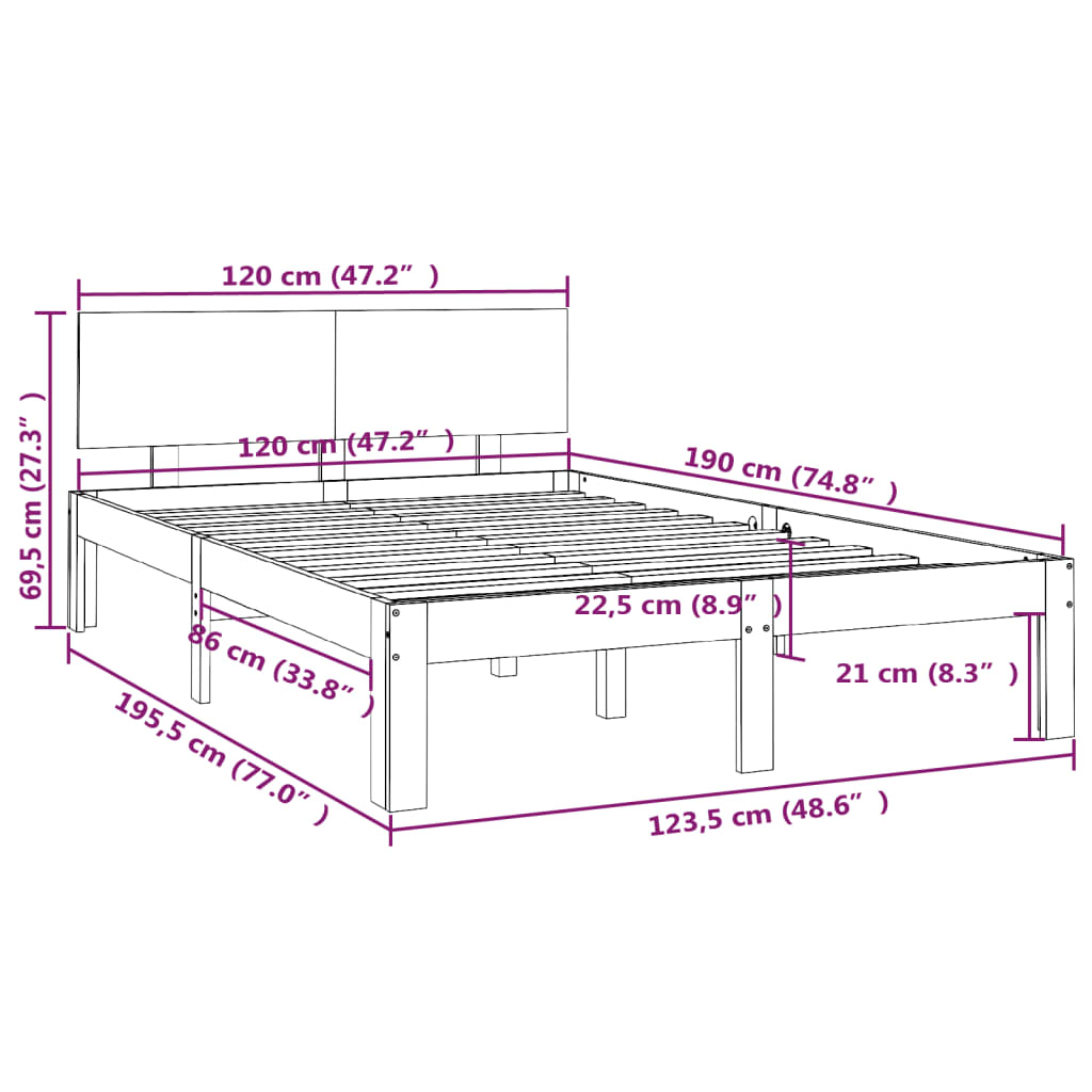 vidaXL Posteljni okvir medeno rjav iz trdnega lesa 120x190 cm