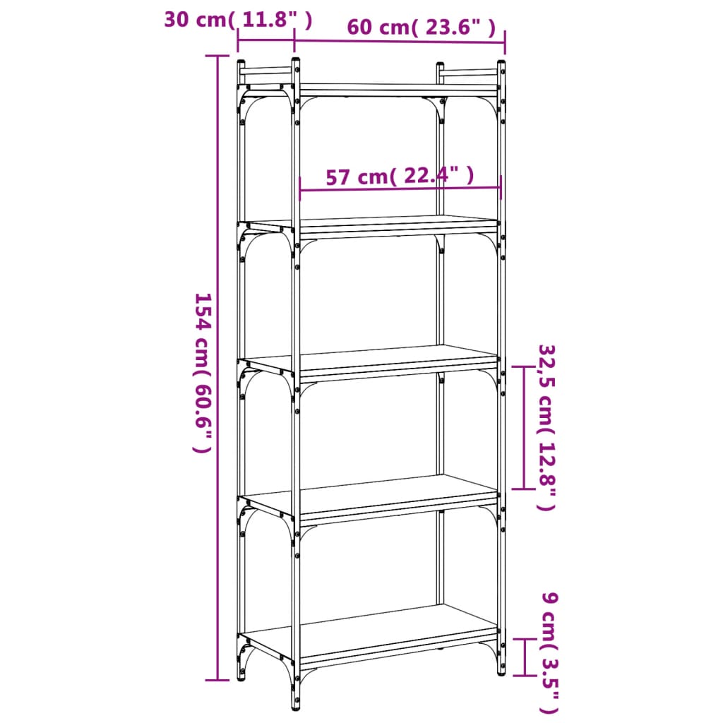 vidaXL Knjižna omara 5-nadstropna črna 60x30x154 cm inženirski les