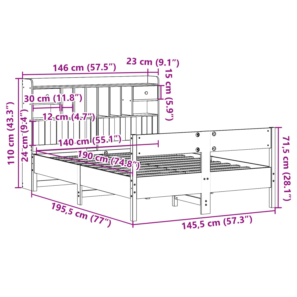 vidaXL Knjižna postelja brez vzmetnice vošč. rjava 140x190 cm borovina