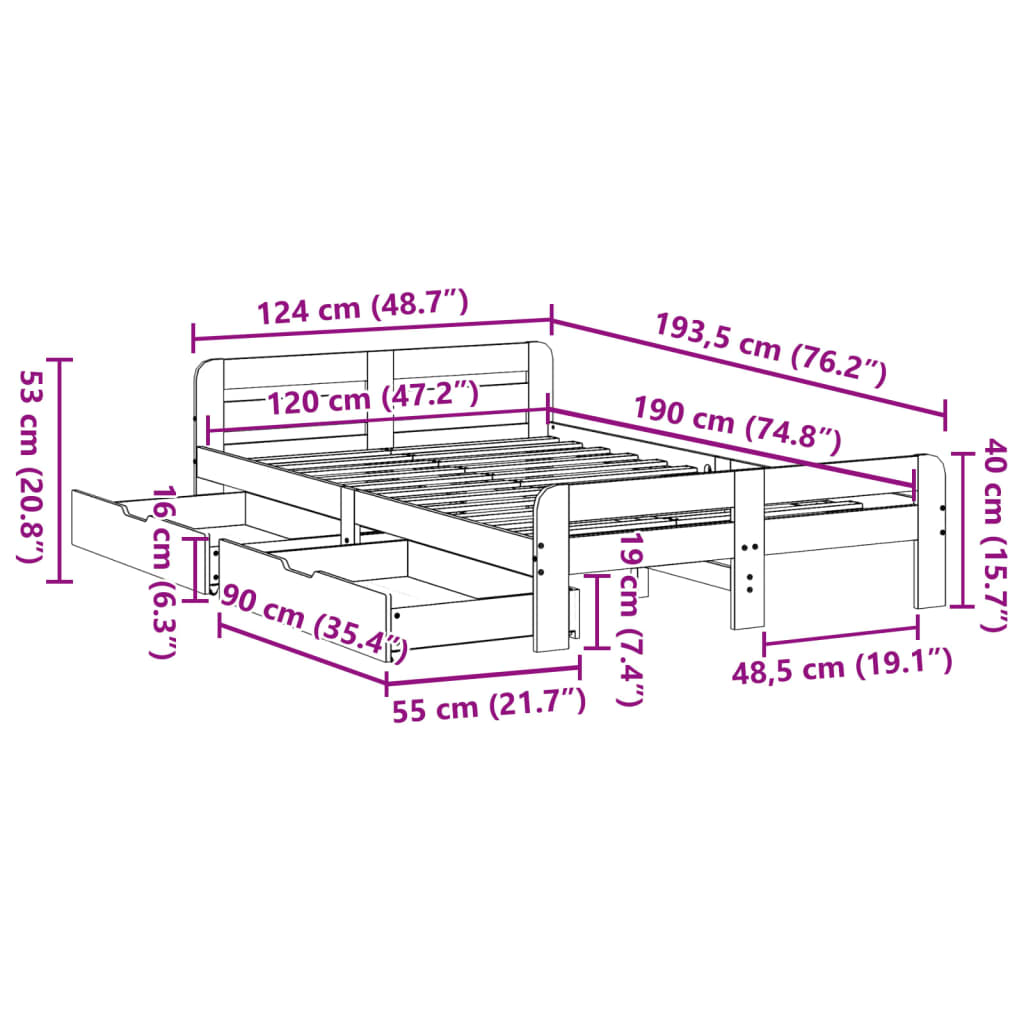 vidaXL Posteljni okvir brez vzmetnice bel 120x190 cm trdna borovina