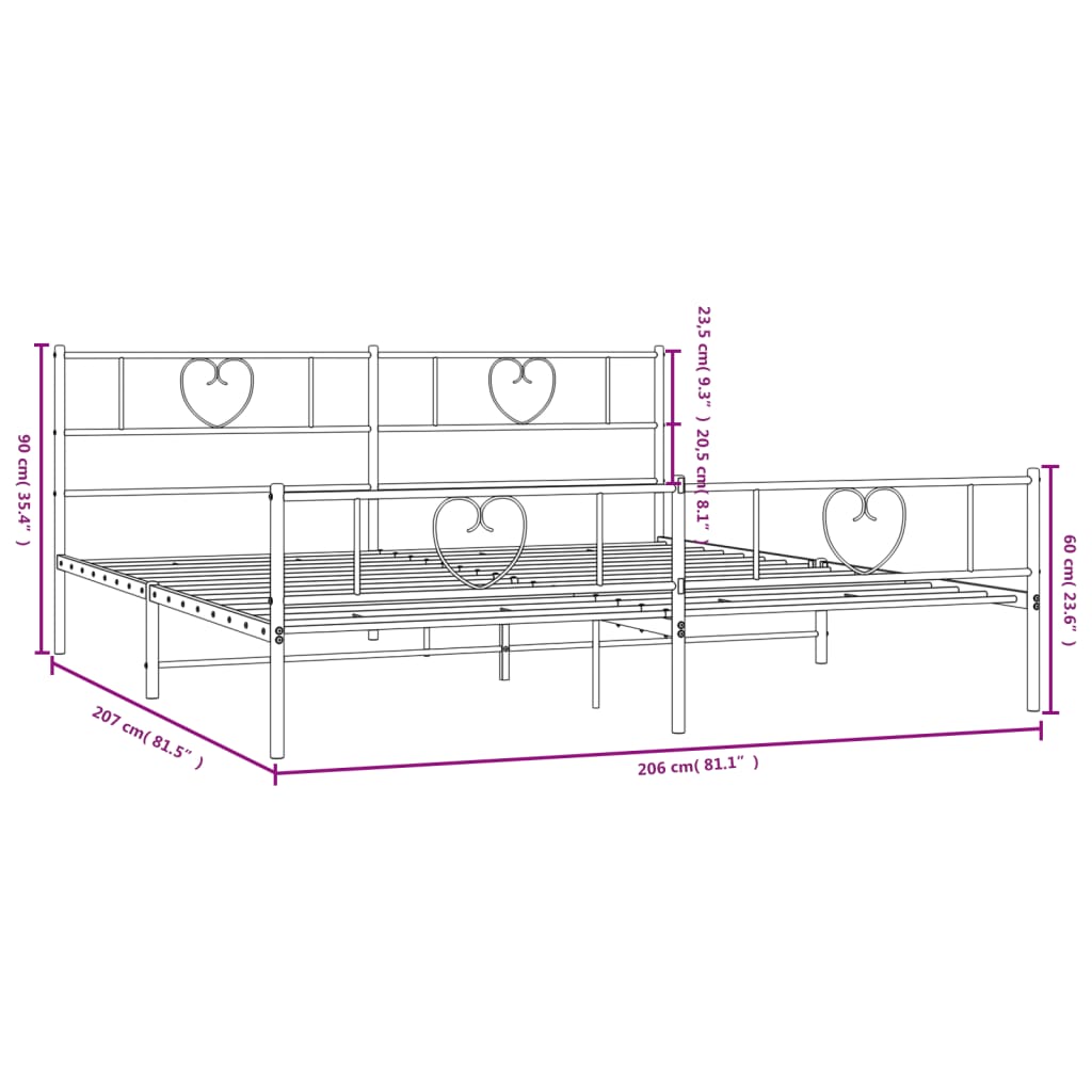 vidaXL Kovinski posteljni okvir z vzglavjem in vznožjem črn 200x200 cm