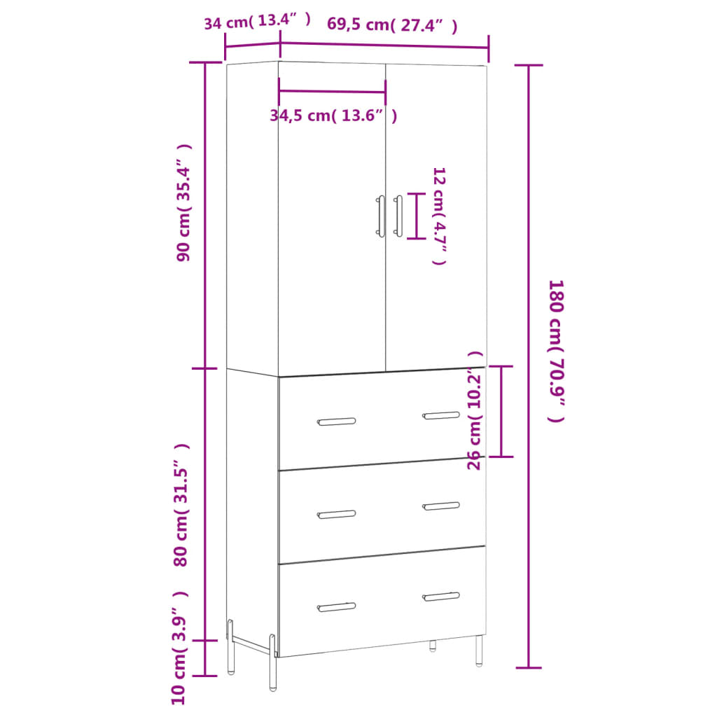 vidaXL Visoka komoda rjav hrast 69,5x34x180 cm inženirski les