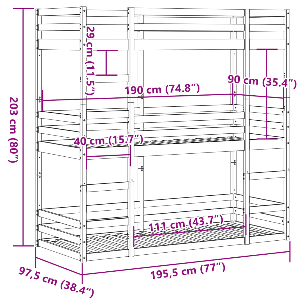 vidaXL Trojni pograd voščeno rjav 90x190 cm trdna borovina