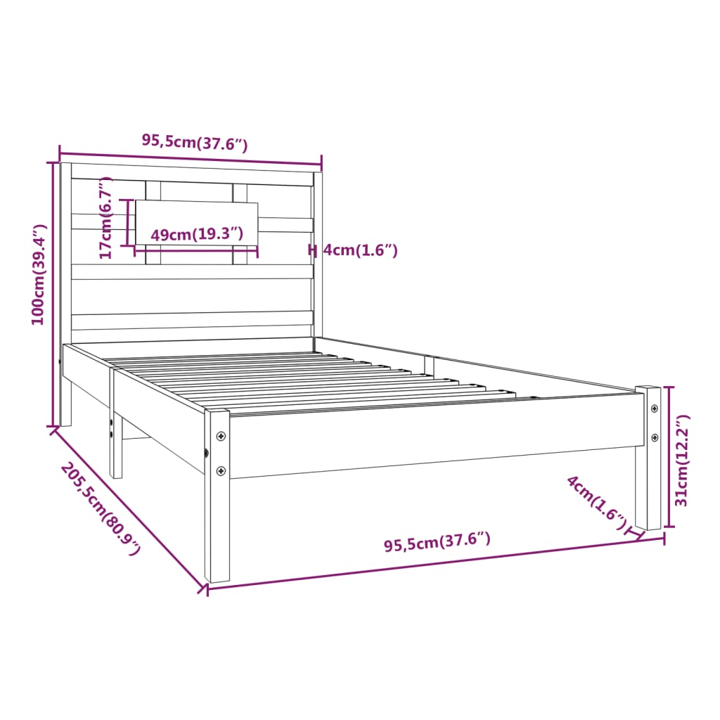 vidaXL Posteljni okvir bel iz trdnega lesa 90x200 cm