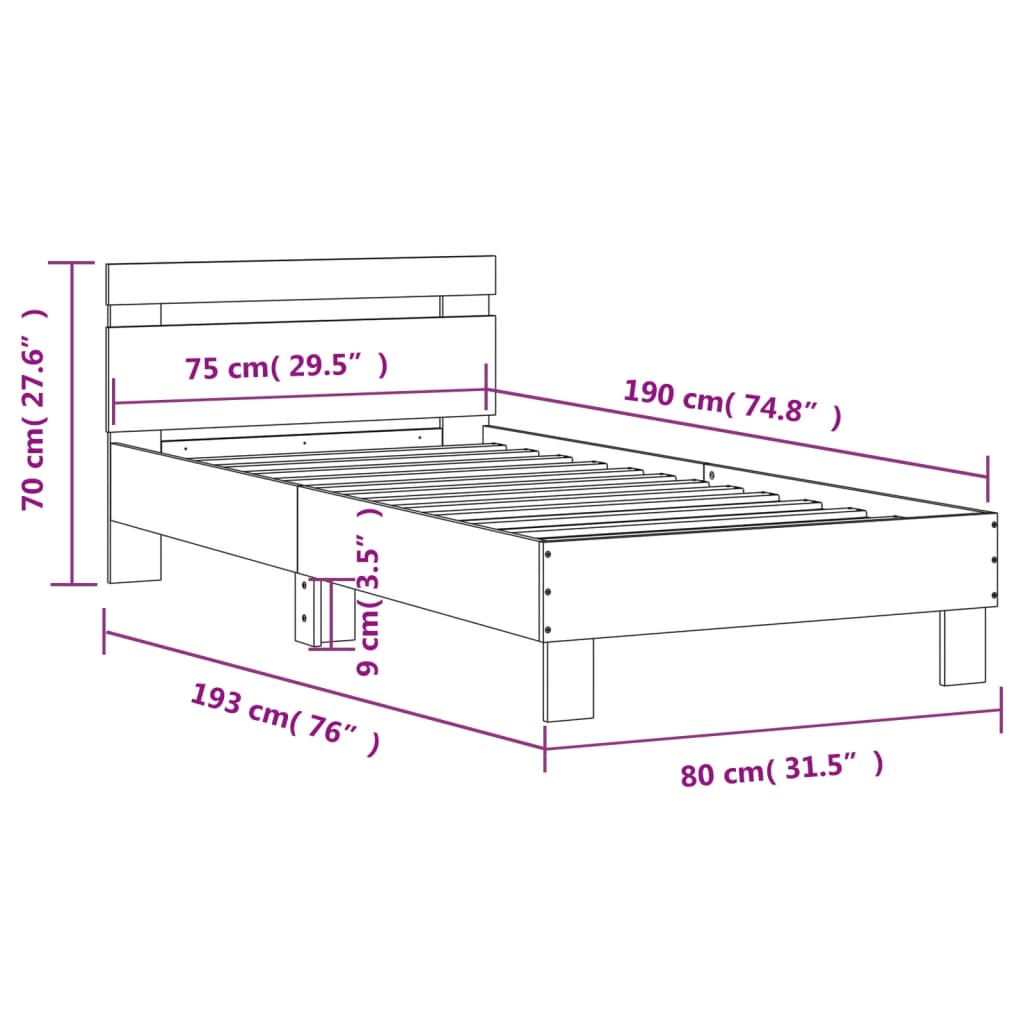 vidaXL Posteljni okvir z vzglavjem betonsko siv 75x190 cm inž. les