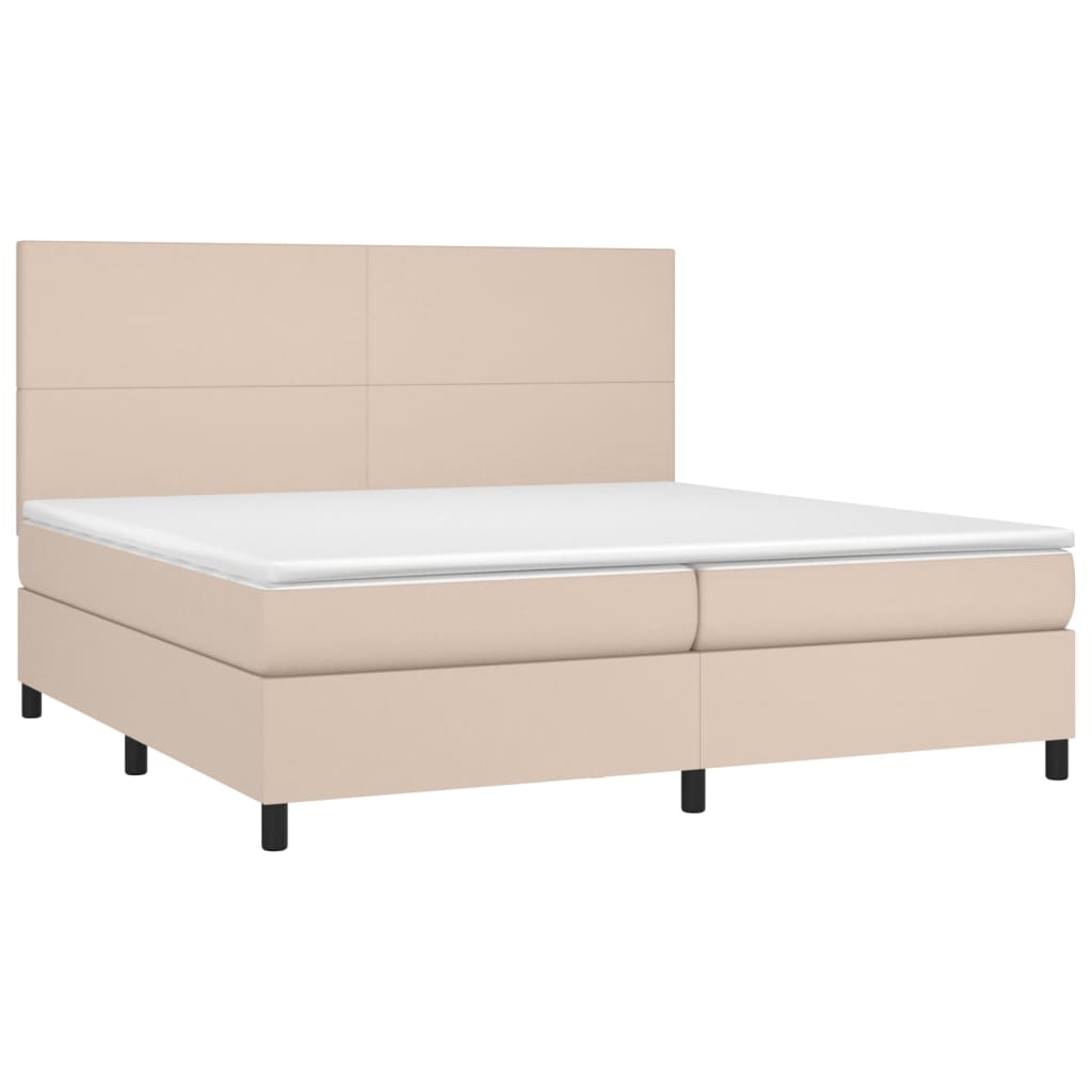 vidaXL Box spring postelja vzmetnico LED kapučino 200x200 cm um. usnje