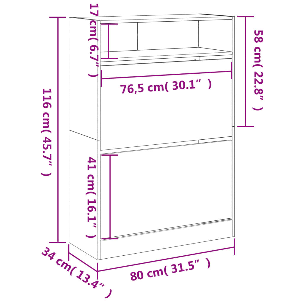 vidaXL Omarica za čevlje z 2 predaloma siva sonoma 80x34x116 cm