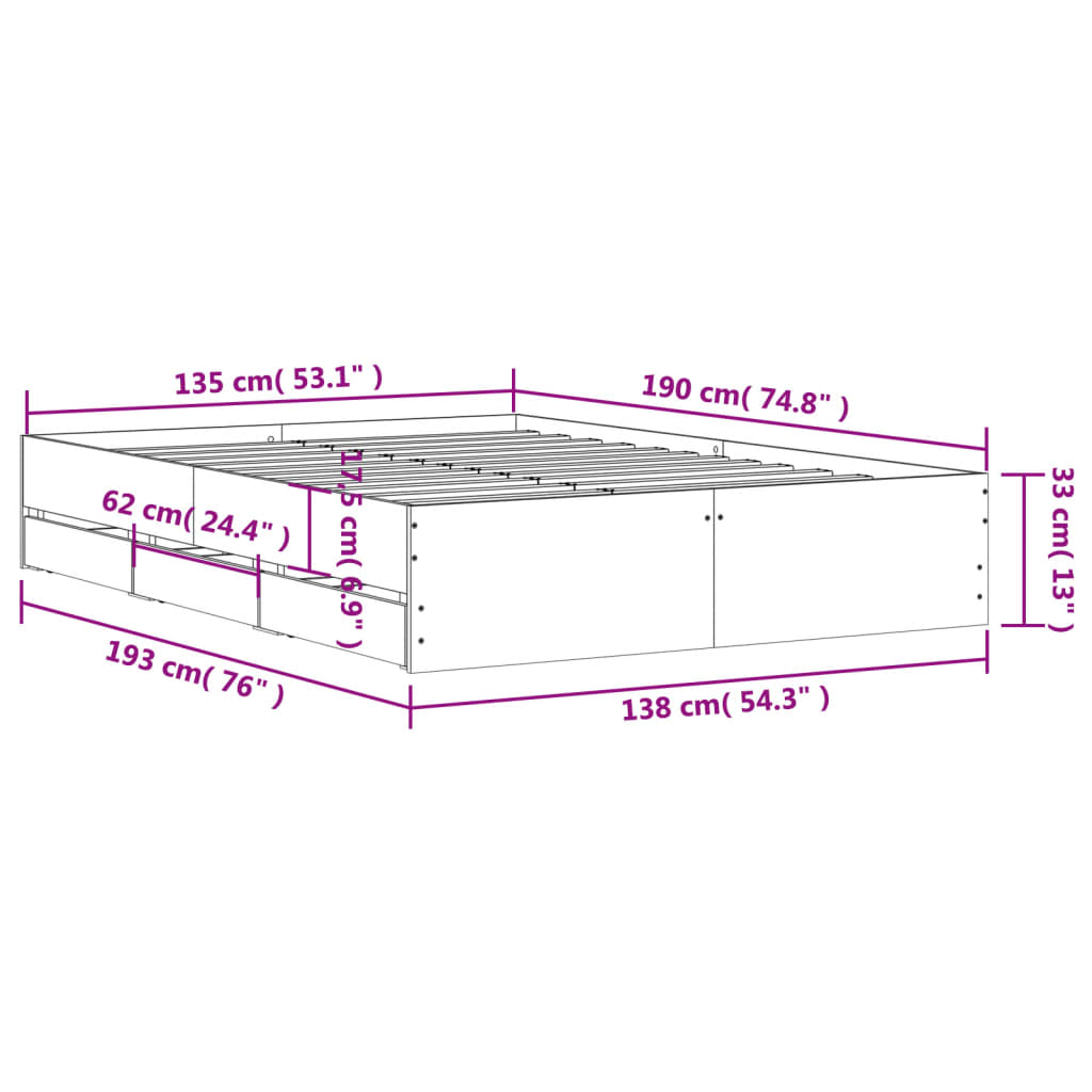 vidaXL Posteljni okvir s predali sonoma hrast 135x190cm inženirski les