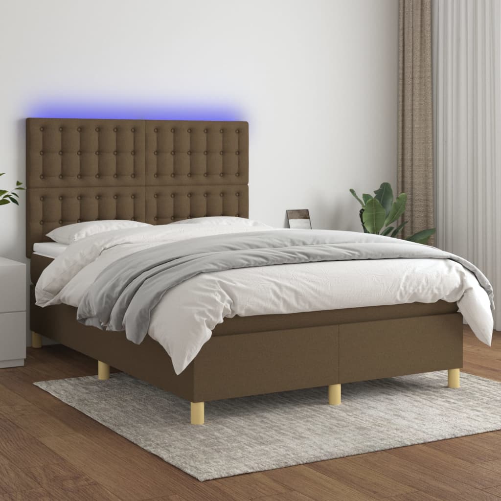 vidaXL Box spring postelja z vzmetnico LED temno rjava 140x200cm blago