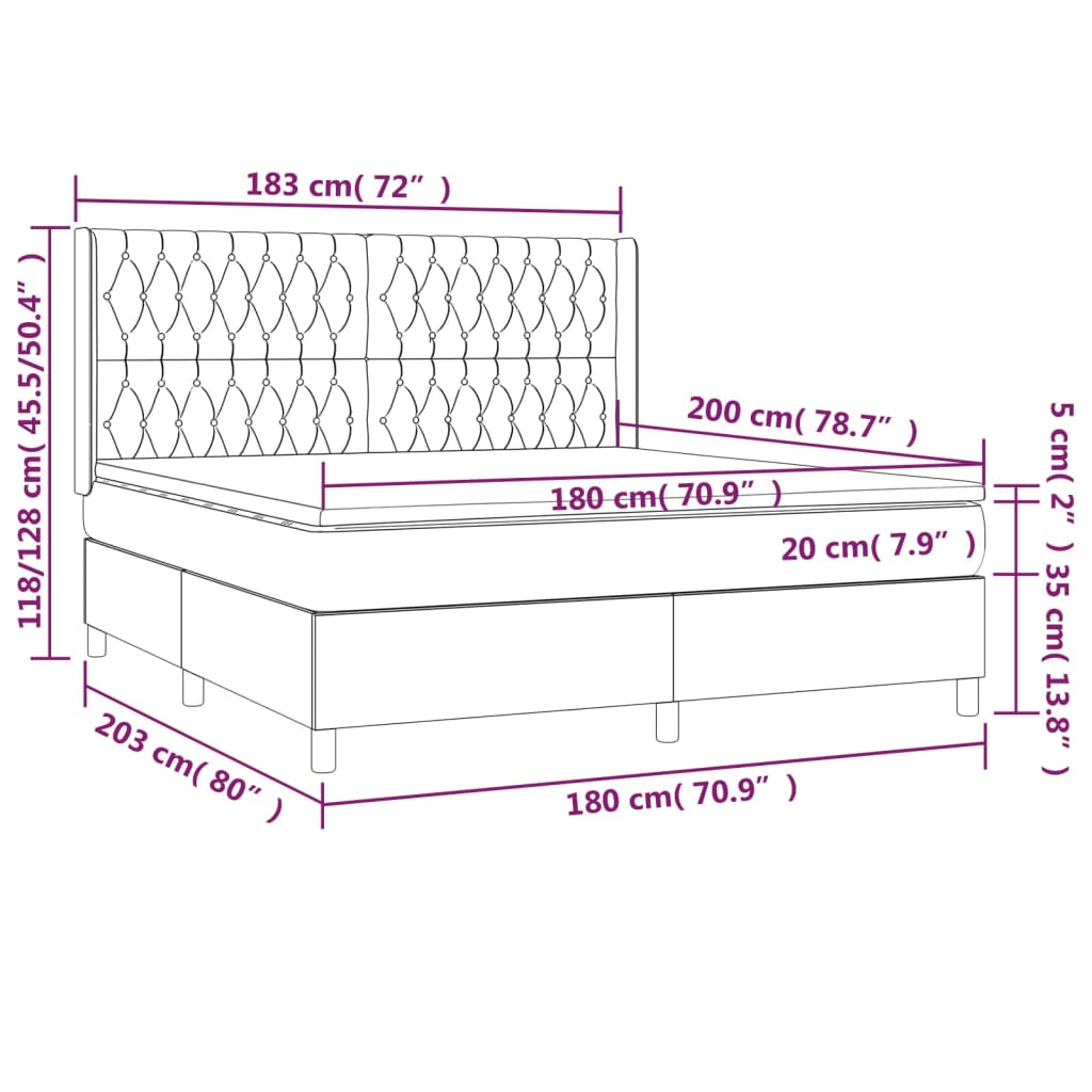 vidaXL Box spring postelja z vzmetnico LED črna 180x200 cm blago