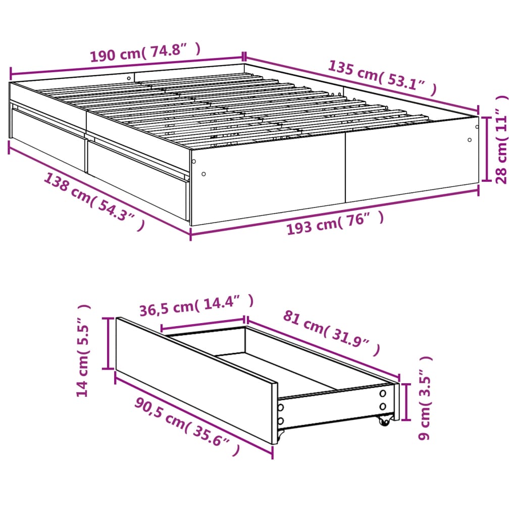 vidaXL Posteljni okvir s predali črn 135x190 cm inženirski les