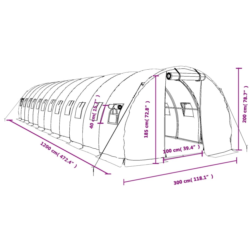 vidaXL Rastlinjak z jeklenim ogrodjem zelen 36 m² 12x3x2 m