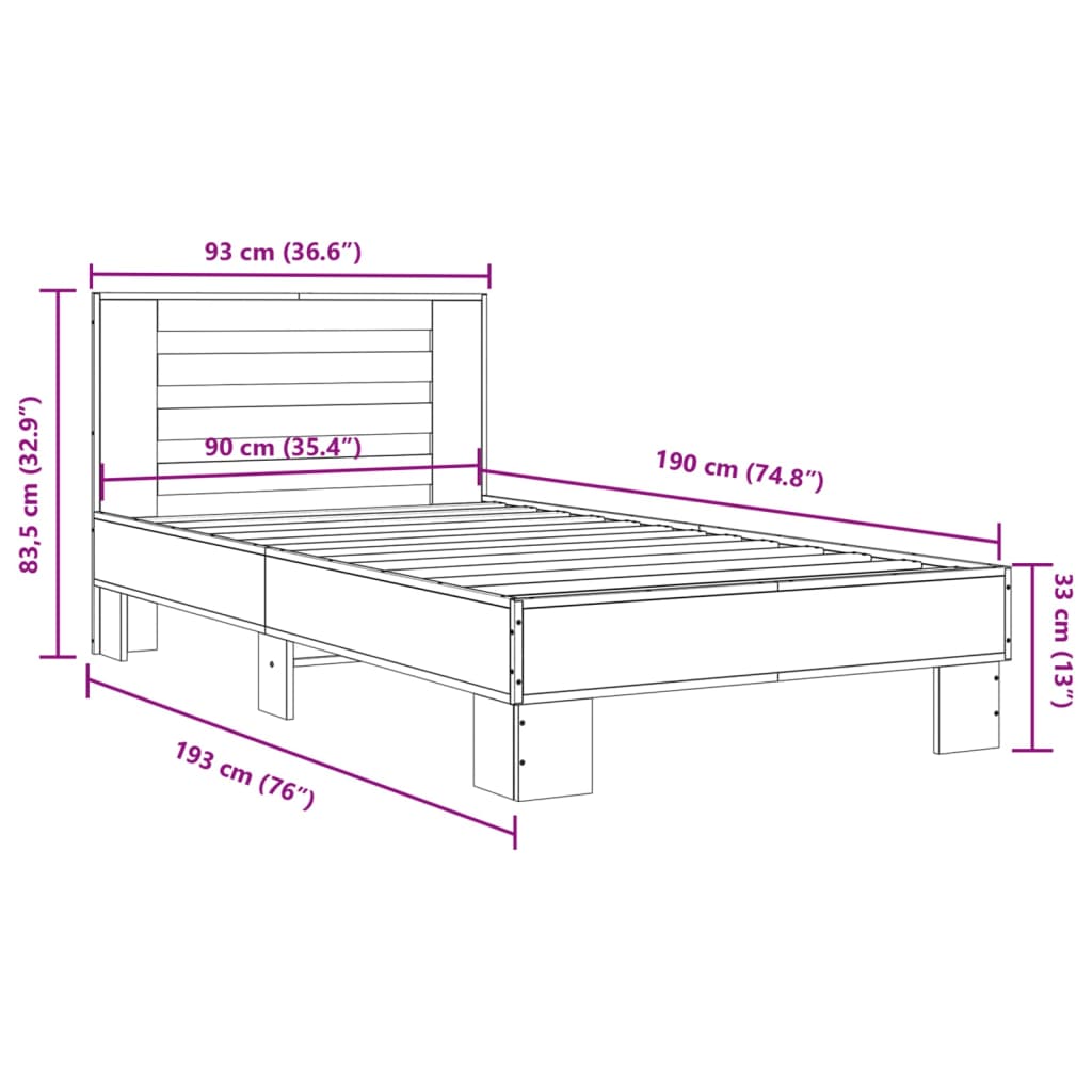 vidaXL Posteljni okvir sonoma hrast 90x190 cm inženirski les in kovina