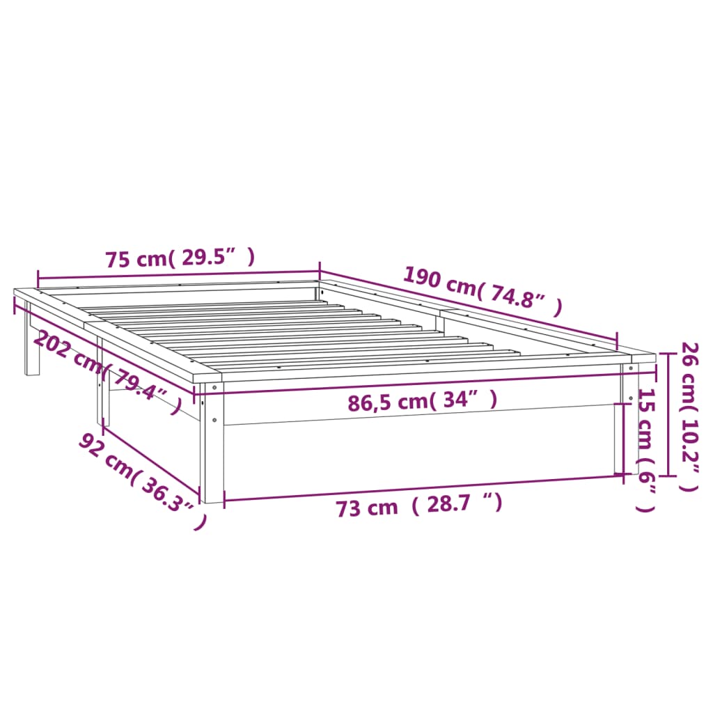 vidaXL LED posteljni okvir siv 75x190 cm trden les