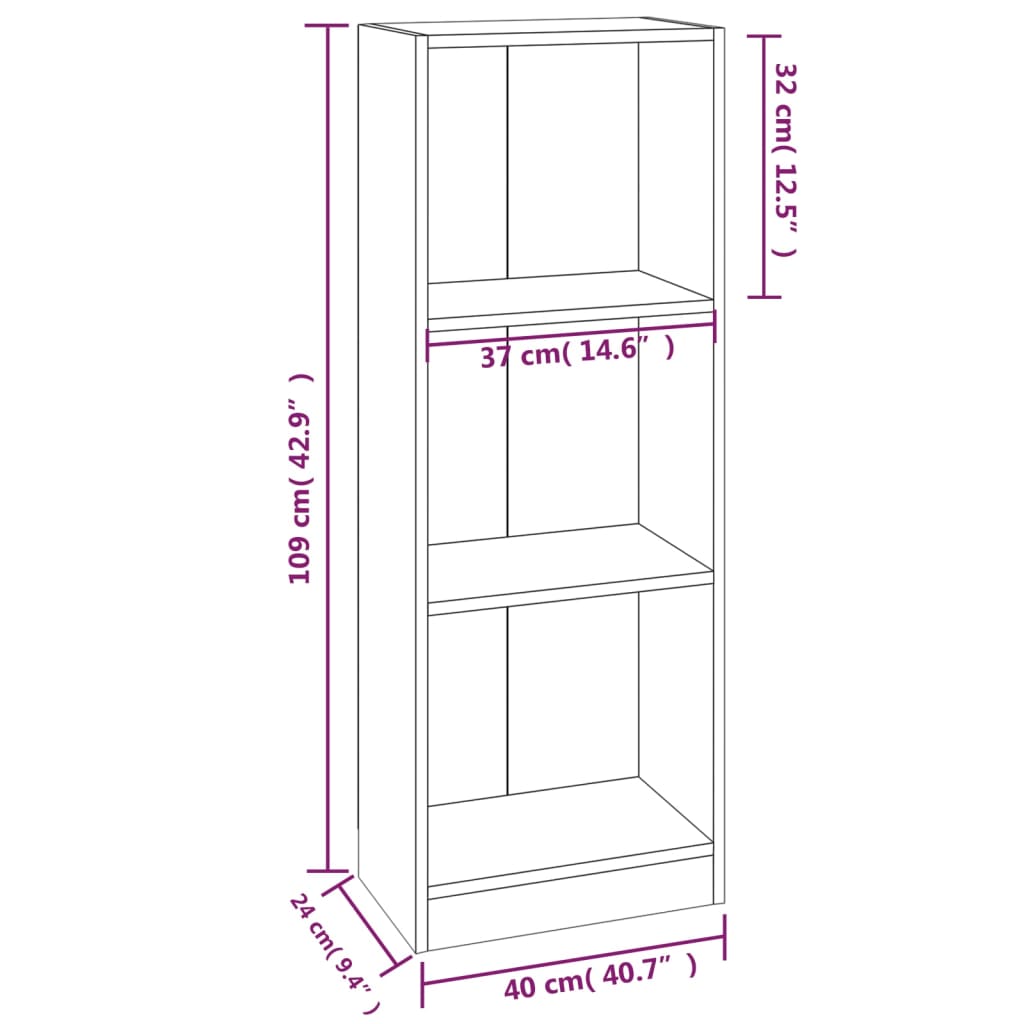 vidaXL Knjižna omara 3-nadstropna dim. hrast 40x24x109 cm inženir. les